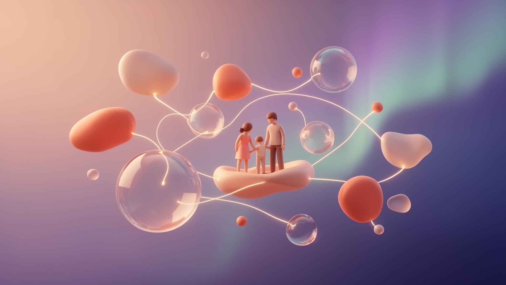 Семья в центре, окружённая мягкими орбитами сервисов FamilyHub
